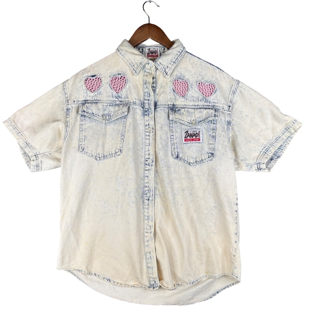 Vintage Zanadi Acid Wash Denim Heart Cut Out Short Sleeve Button Down Shirt L